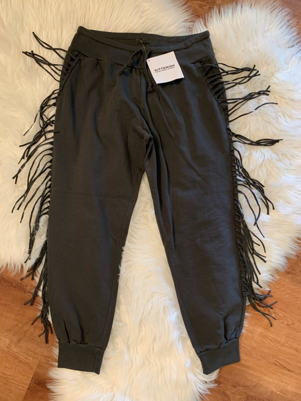 Kittenish NWT Fringe Joggers Charcoal Gray Medium Drawstring Waist Cotton